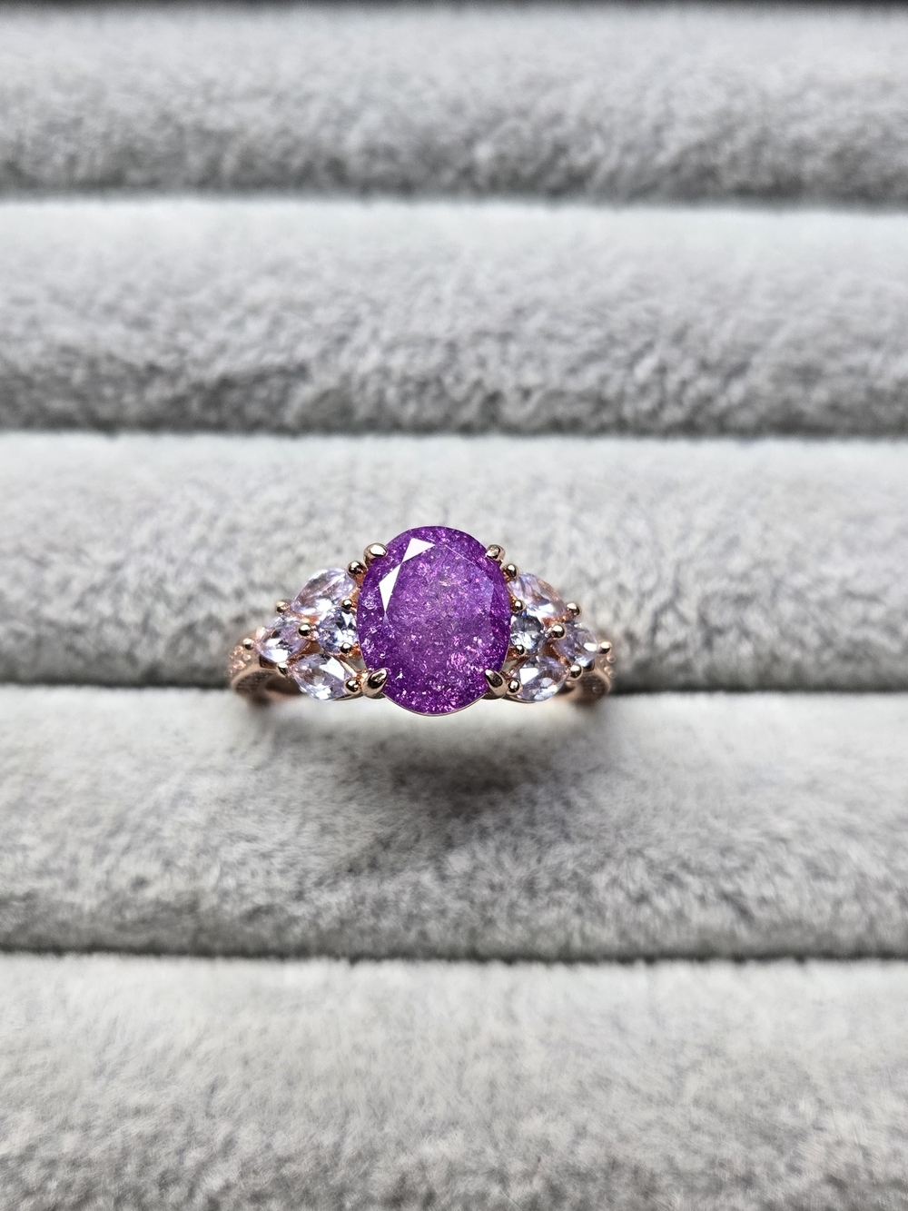Size 8 Ice Crystal Amethyst Rose Gold Plated Bomb Party Ring